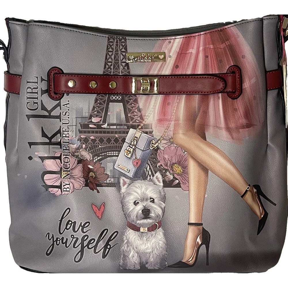 Nikky by Nicole Lee Hobo Bag Eiffel Tower Westie Dog Red Gray NWT NK12122